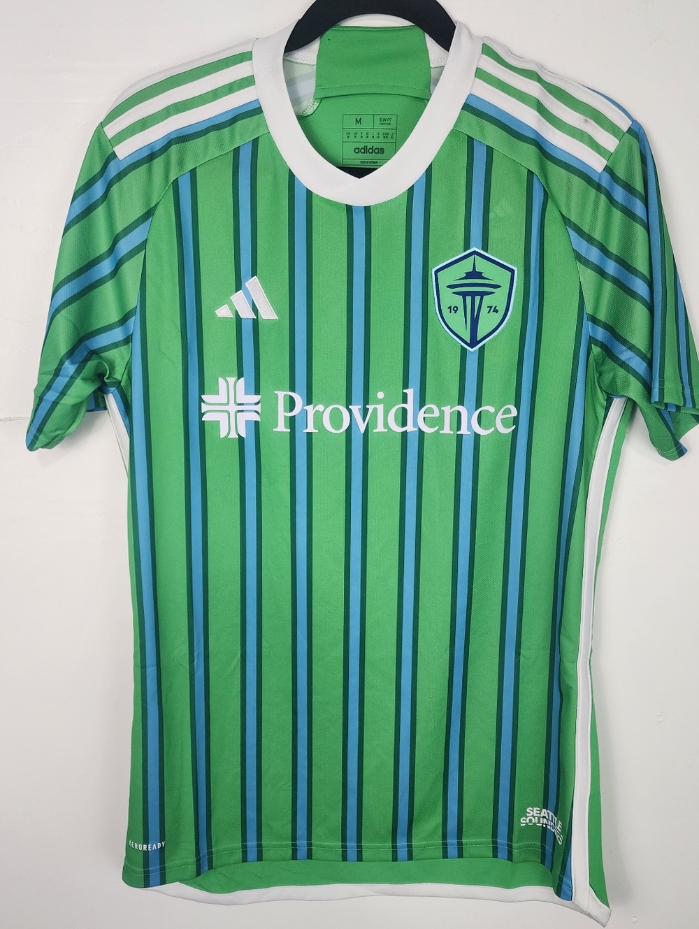 adidas Green Blue Seattle Sounders Soccer Jersey Providence Logo Sz Medium $100